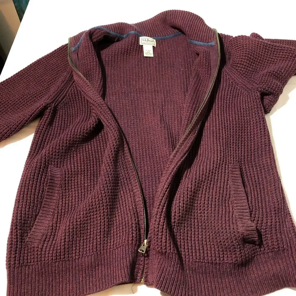 LL Bean mens M organic cotton full zip cranberry red shaker knit cardigan 508221